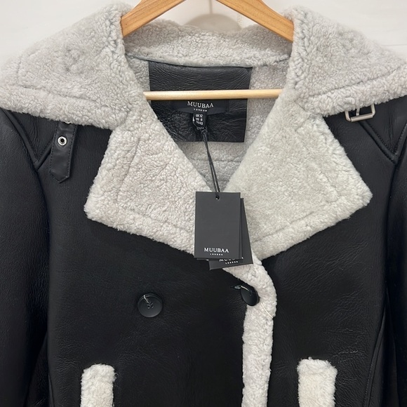 Muubaa London | NWT Black Leather Finish Button Front Shearling Jacket - Sz UK12 - Picture 7 of 12